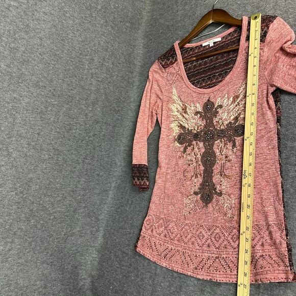 Miss Me Y2K Grunge Rock 3/4 Sleeve Top Sz S Crochet Lace Back Beaded Cross - Picture 6 of 8